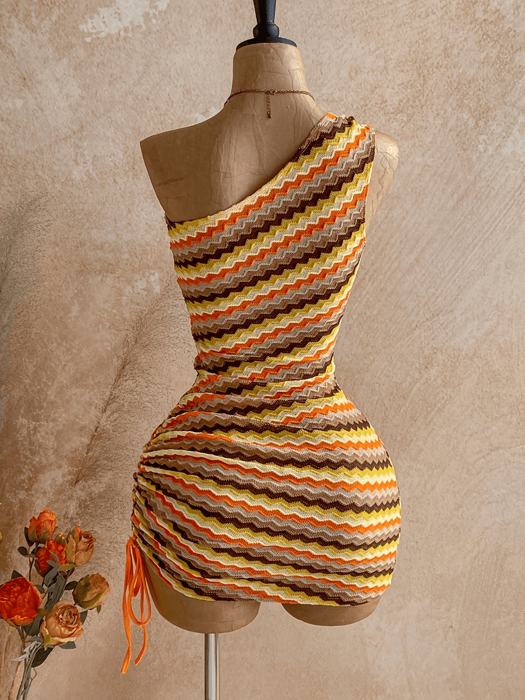 New Textured Multicolor Off-Shoulder Drawstring Mini Dress, Suitable for Parties, Dates, Valentine'S Day, Easter, Carnival, Afternoon Tea, Beach, Cruise, Urban Vacation, Bohemian Style, Romantic Floral, Weddings And Events, Graduation Ceremonies