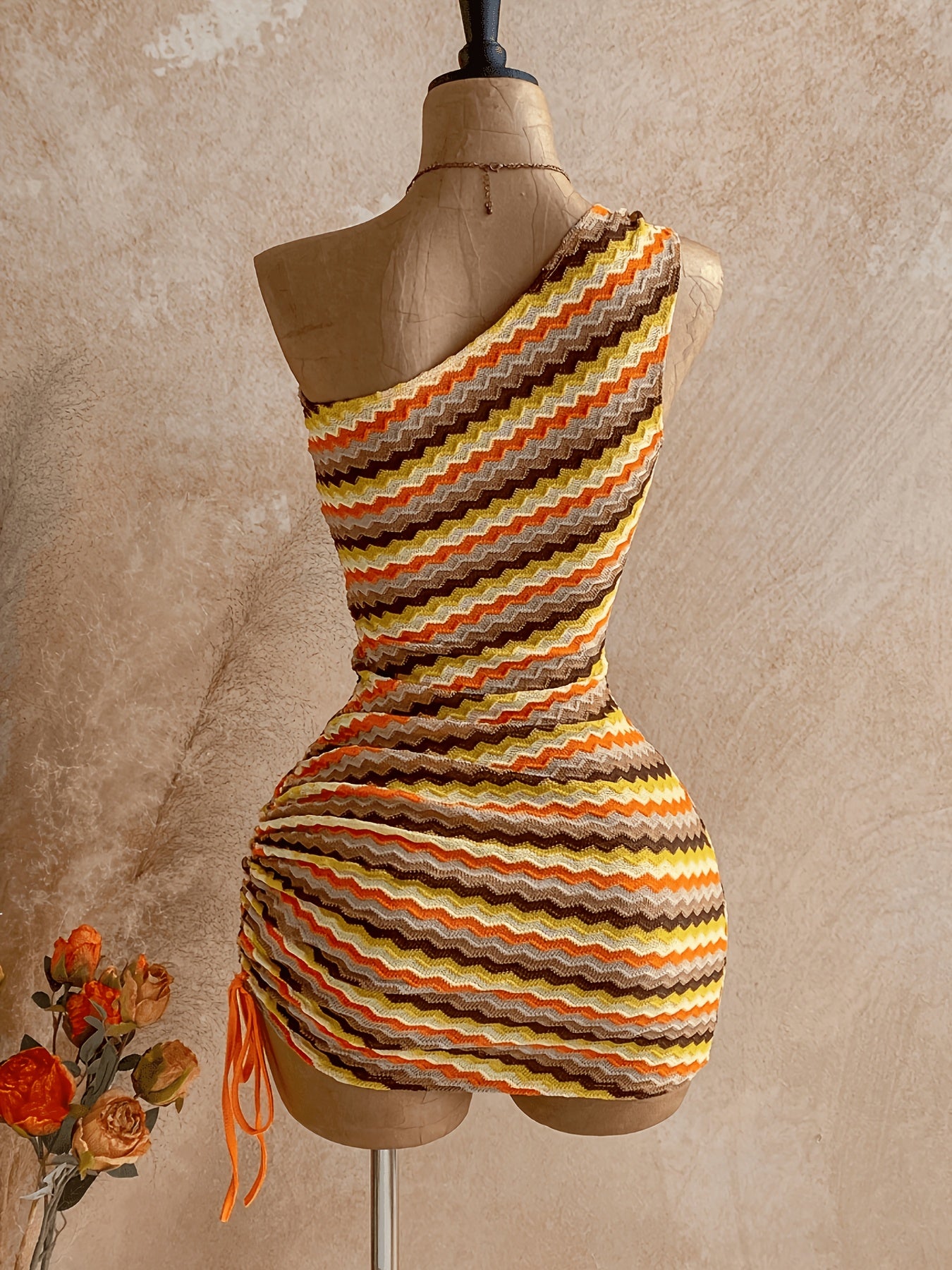 New Textured Multicolor Off-Shoulder Drawstring Mini Dress, Suitable for Parties, Dates, Valentine'S Day, Easter, Carnival, Afternoon Tea, Beach, Cruise, Urban Vacation, Bohemian Style, Romantic Floral, Weddings And Events, Graduation Ceremonies