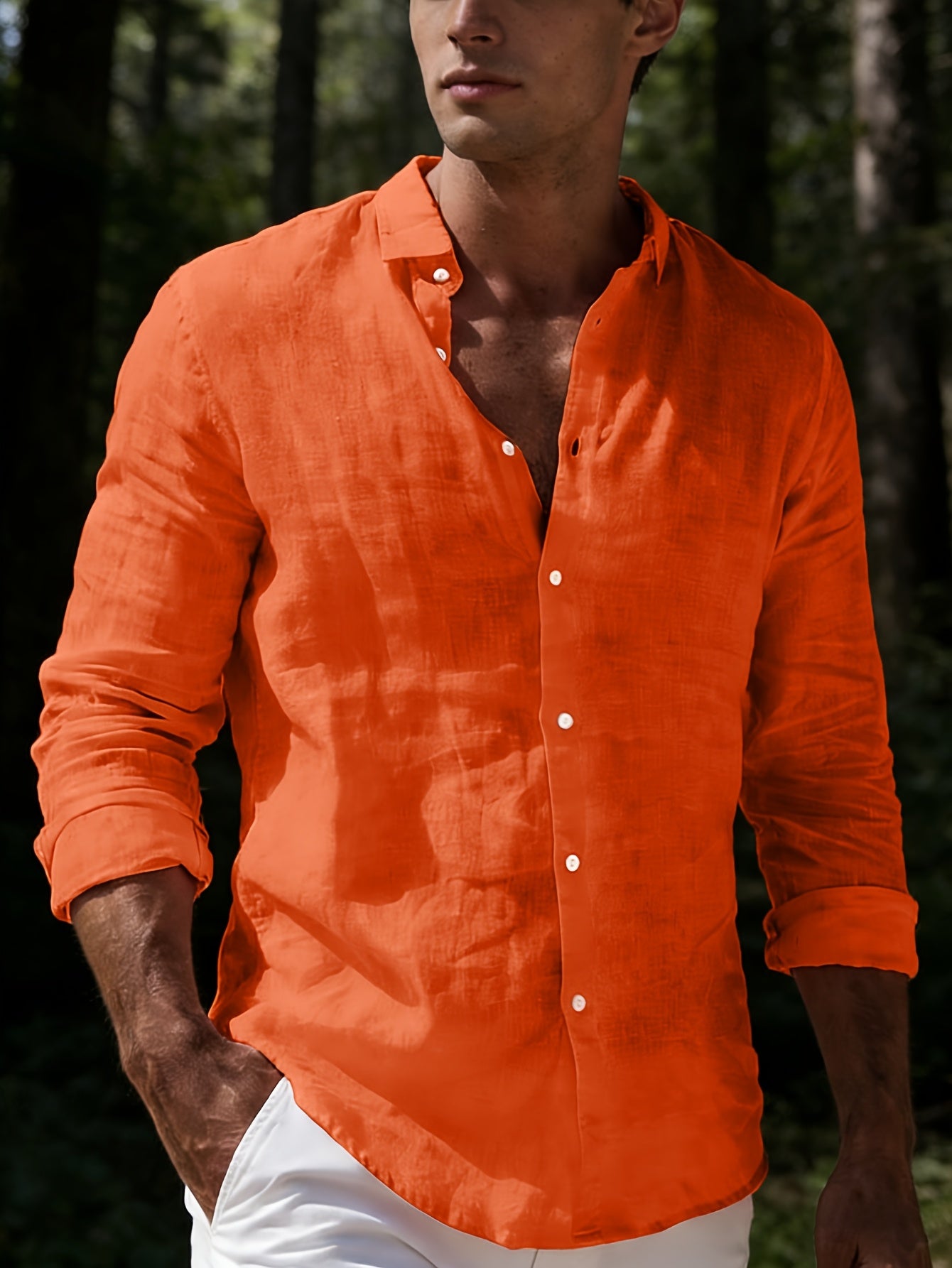 Men's Solid Lapel Button Long Sleeve Casual Shirt