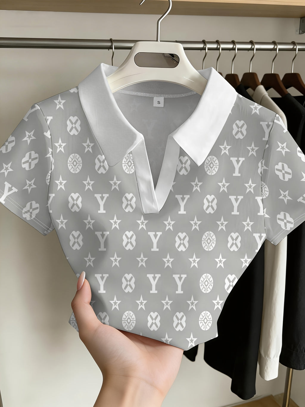 Women's Letter Star Print Lapel Short Sleeve T-Shirt