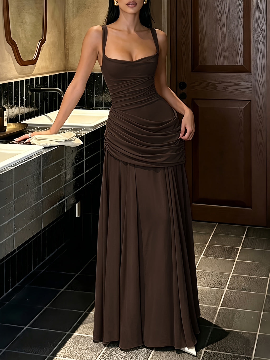 Women's Square Neck Cross Back Ruched Waist Evening Gown