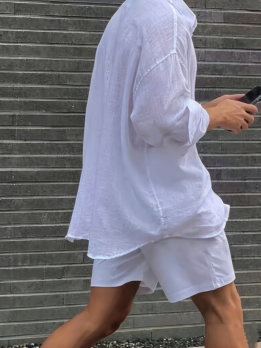 Men'S White Long-Sleeved Shirt, Loose And Lazy Style, Roll-Up Sleeve Design, Breathable And Wrinkle-Resistant, Suitable for Outdoor Travel, Very Photogenic