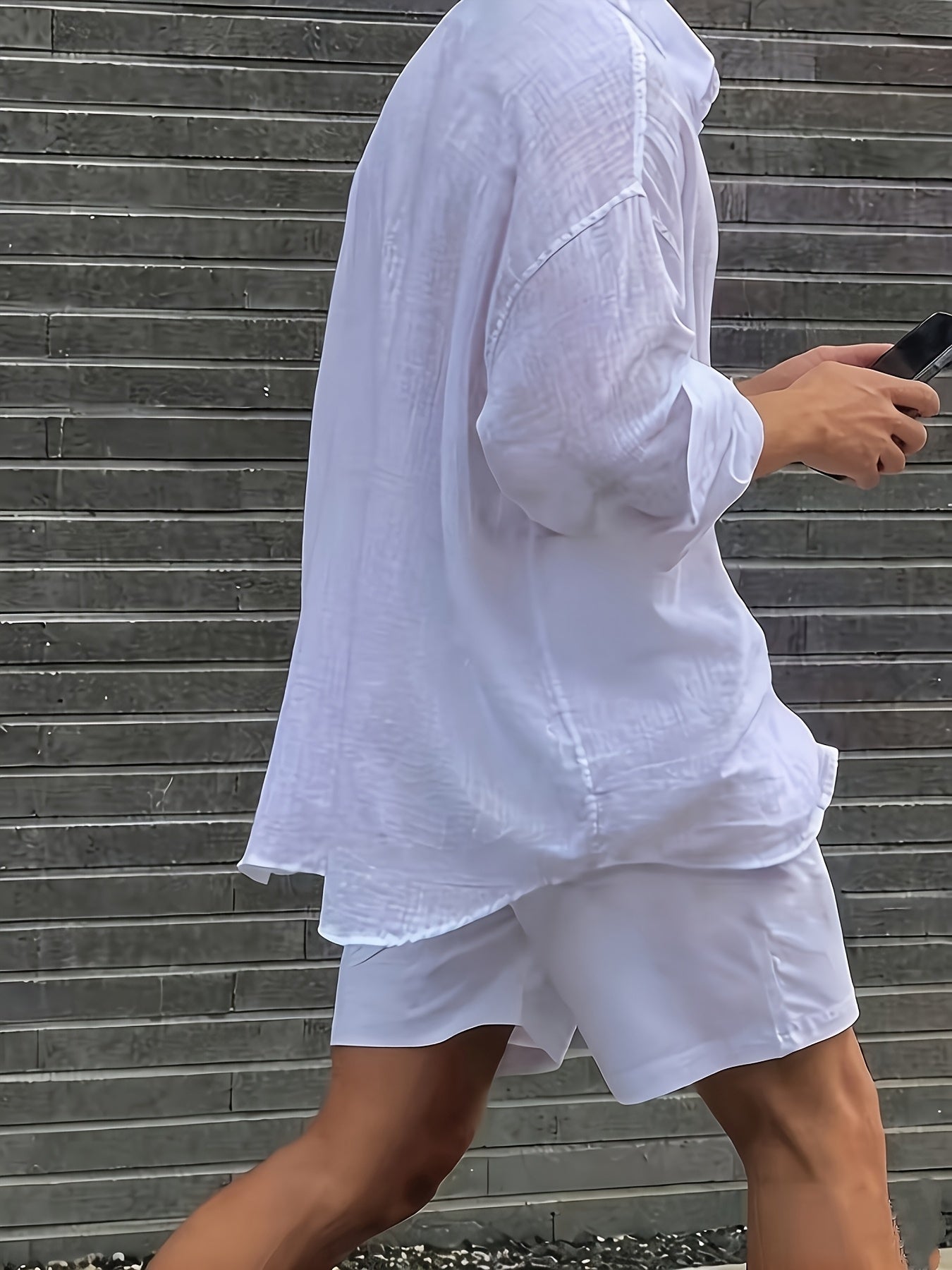 Men'S White Long-Sleeved Shirt, Loose And Lazy Style, Roll-Up Sleeve Design, Breathable And Wrinkle-Resistant, Suitable for Outdoor Travel, Very Photogenic
