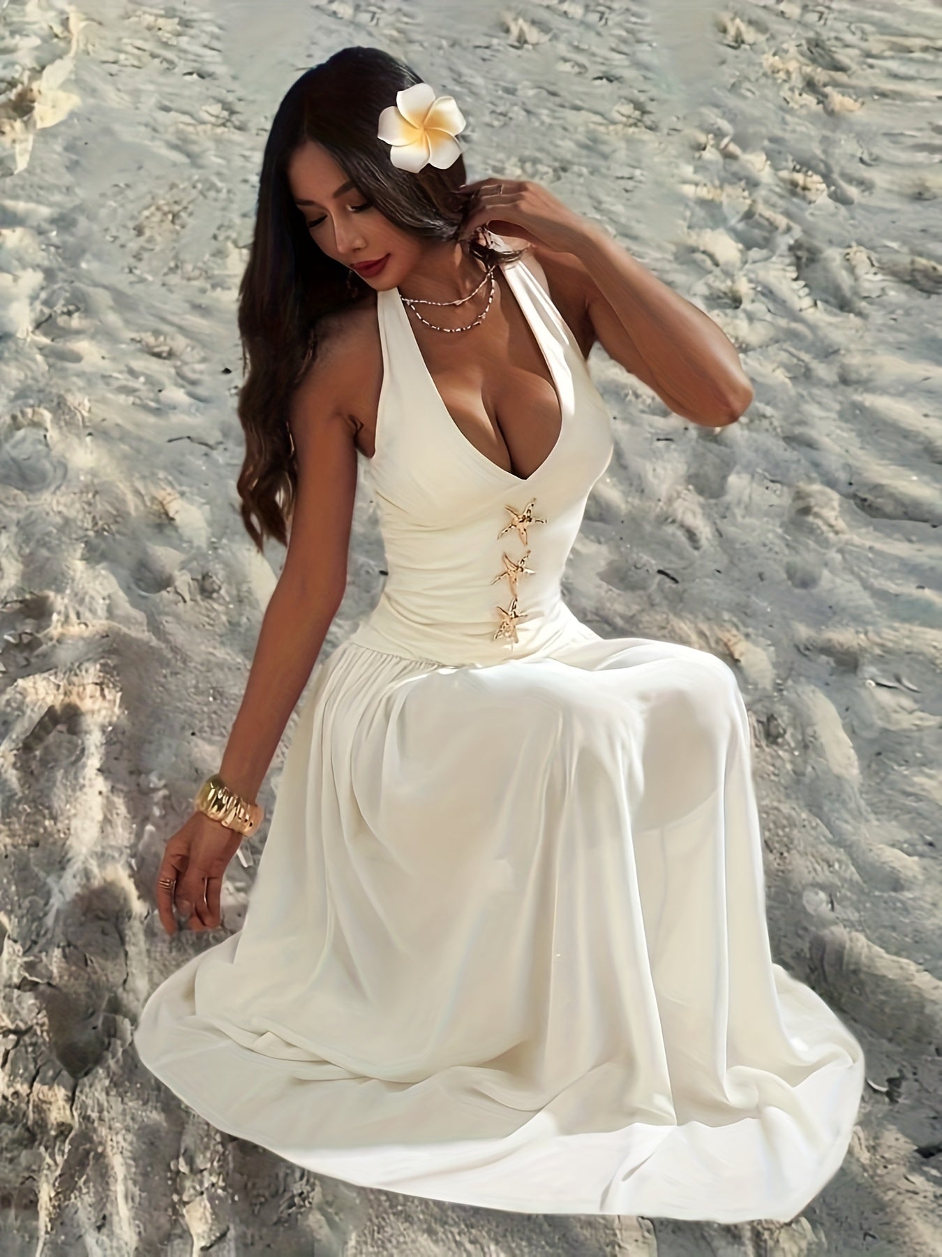 Women's Star Print Plunge Neck Beach Dress