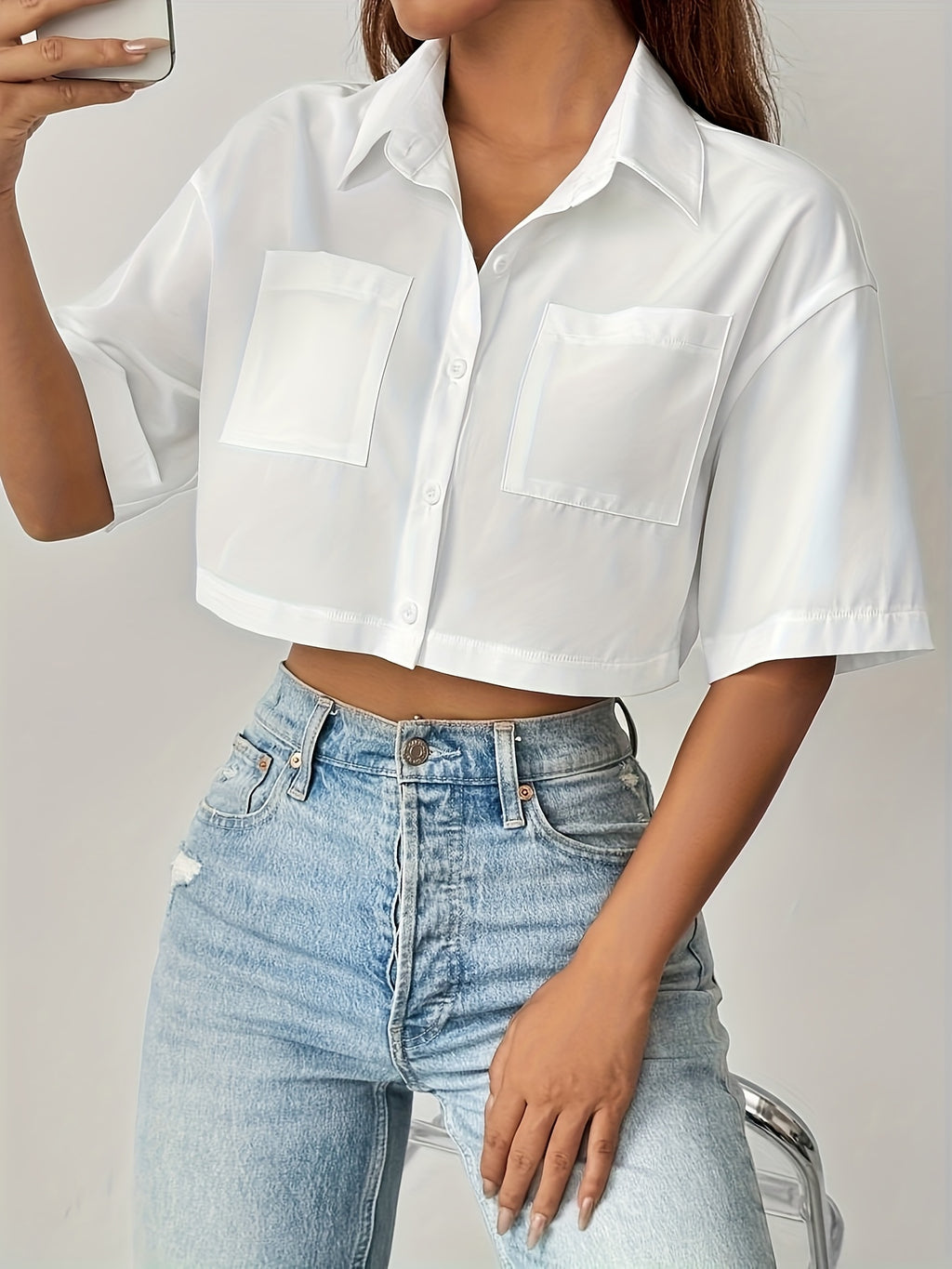 Women's Short Solid Color Pocket Shirt