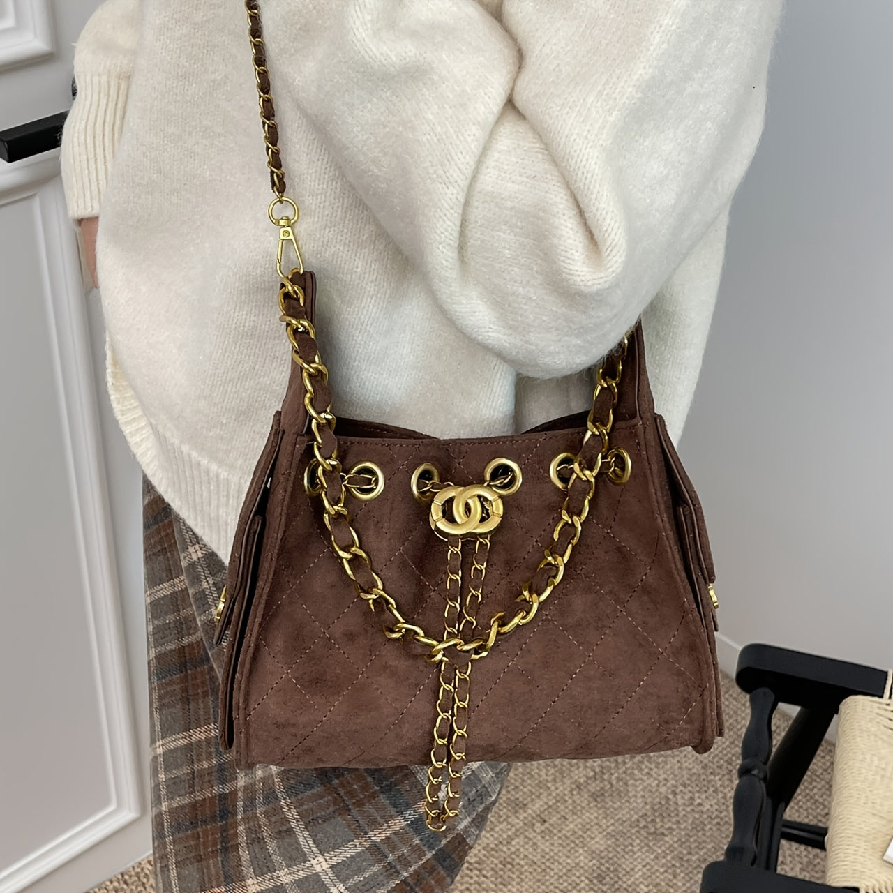 Women's Crossbody Bag, 1pc, Woven Chain Women's Bag, 2026 Hot New Style, Trendy Fashion, All-Season Versatile Commuter Underarm Bag, Large Capacity Drawstring Bucket Crossbody Bag, Niche Design, Premium Texture