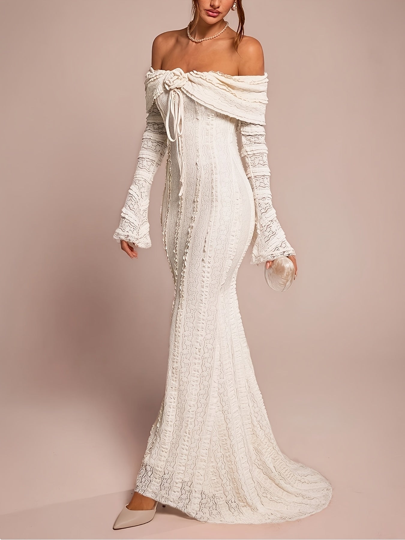 European Women's Fashion Cold Shoulder Tea Break Dress, Sweet and Elegant Off-Shoulder Long Sleeve Date Wear, 3D Floral Lace Gown, Suitable for Valentine's Day, Wedding Season, Parties and Evening Events