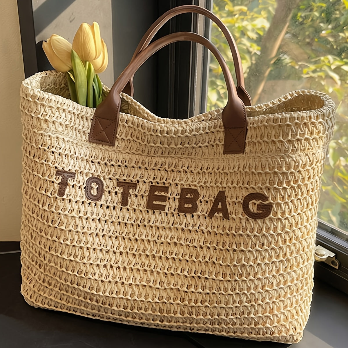 New Large Capacity Fashionable Woven Women'S Handbag, Versatile Minimalist Vacation Style Women'S Handbag, Contrast Color Design Tote Bag for Daily Commute And Work, Daily Outing Shopping Travel Storage Bag, Gift for Partner