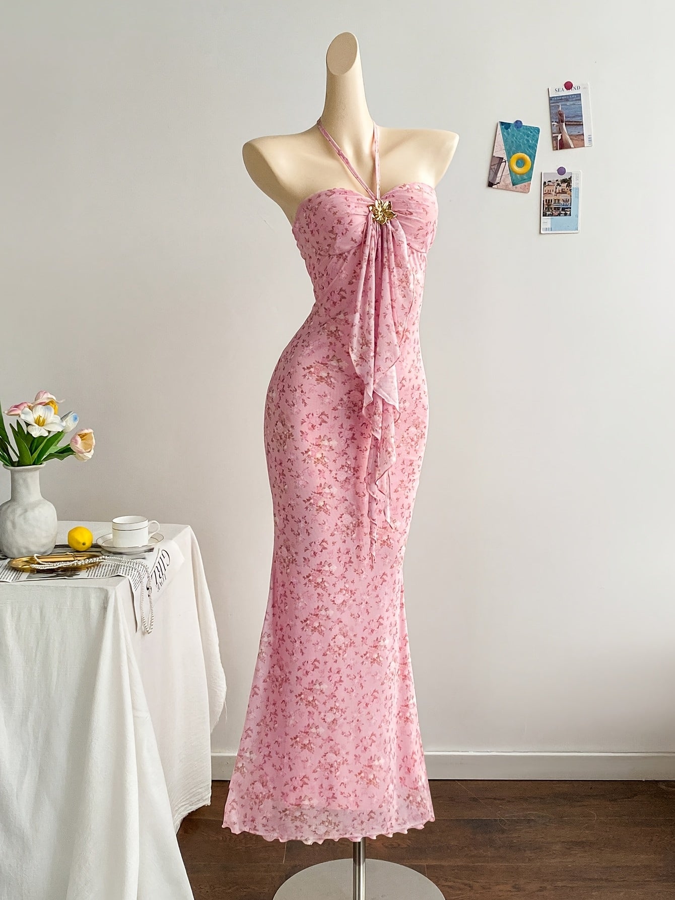 Women's Floral Metal Flower Strappy Bodycon Maxi Dress