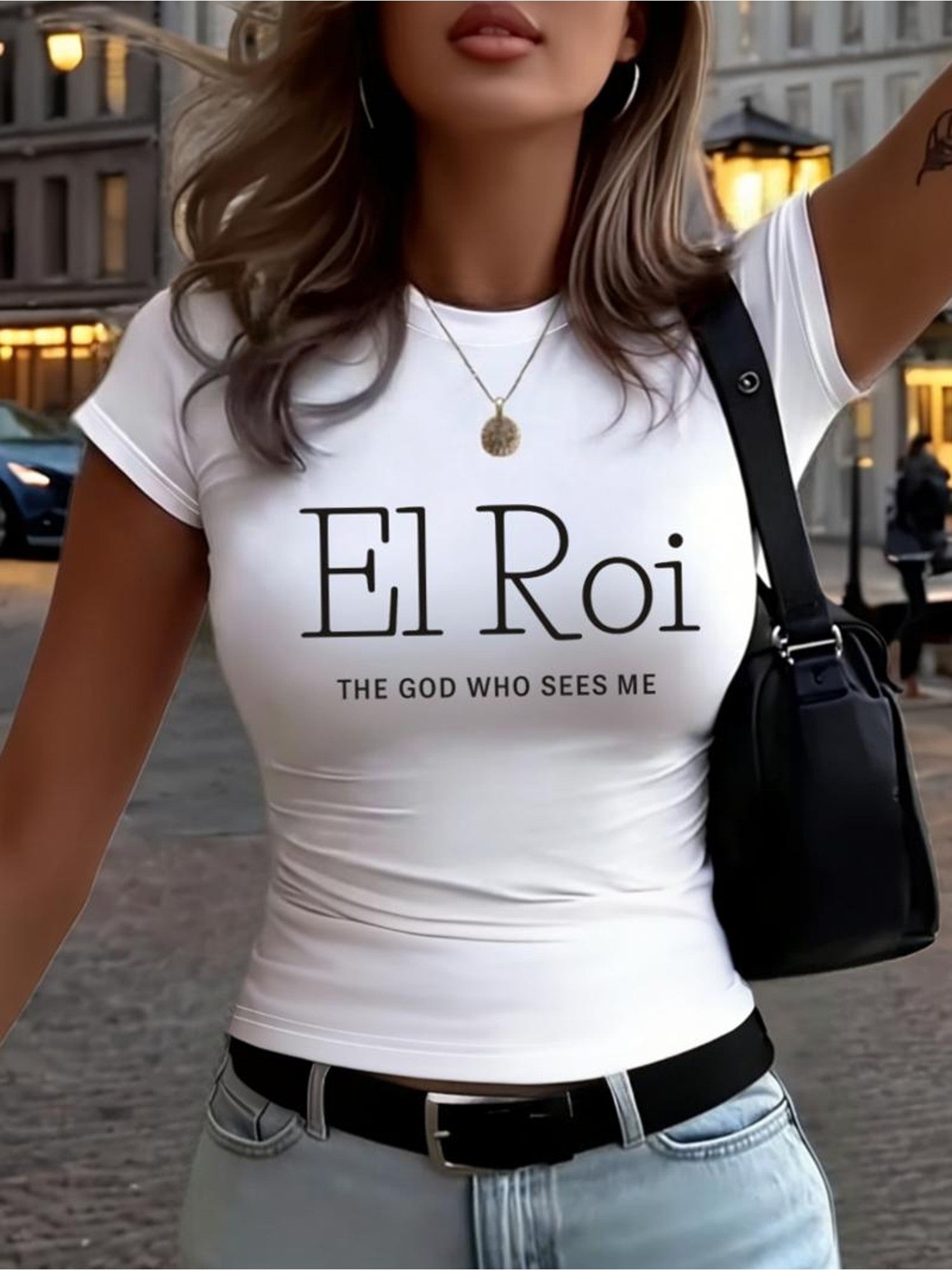 El Roi "THE GOD WHO SEES ME" Pattern 2D Printed T-Shirt Slim Fit Short-Sleeved T-Shirt, Seasonal Fashion, Retro Style, Comfortable Cut, Classic Versatile Style, Fashionable And Easy, Suitable for Wearing in All Seasons, Fashion Lovers