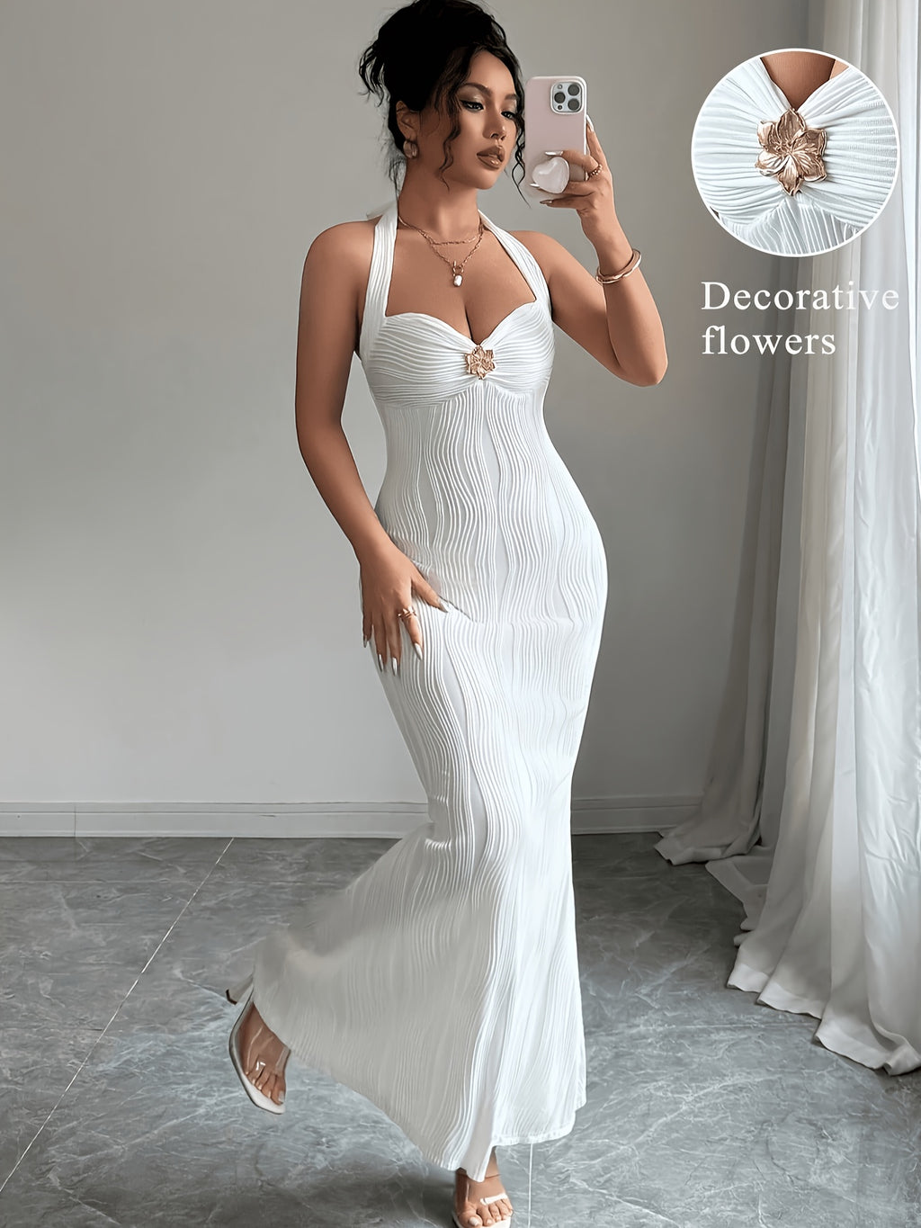 Elegant Women's Solid Color Mermaid Dress with Floral Pattern, Metal Buckle Detailing, and Slim-fit Design
