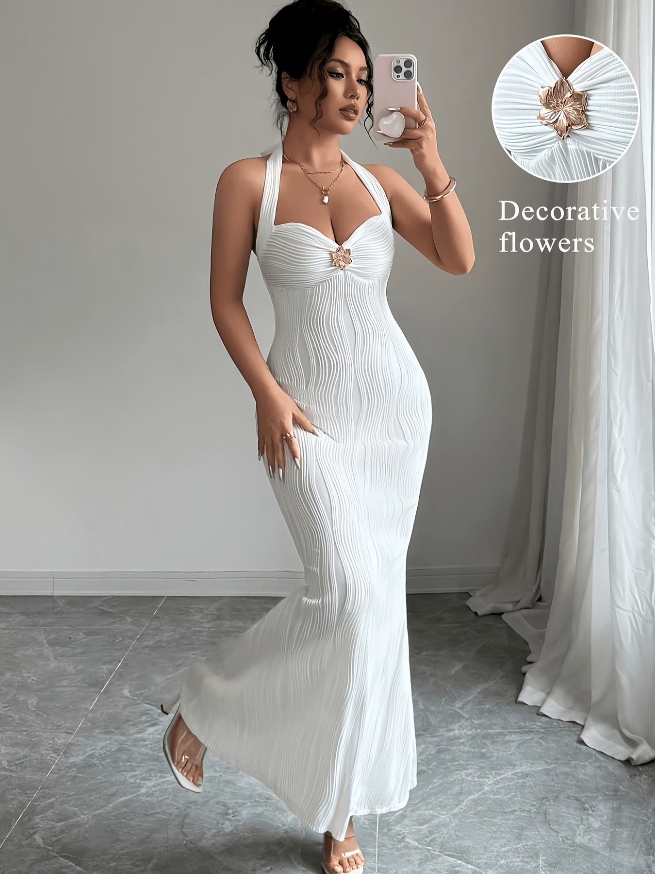 Elegant Women's Solid Color Mermaid Dress with Floral Pattern, Metal Buckle Detailing, and Slim-fit Design