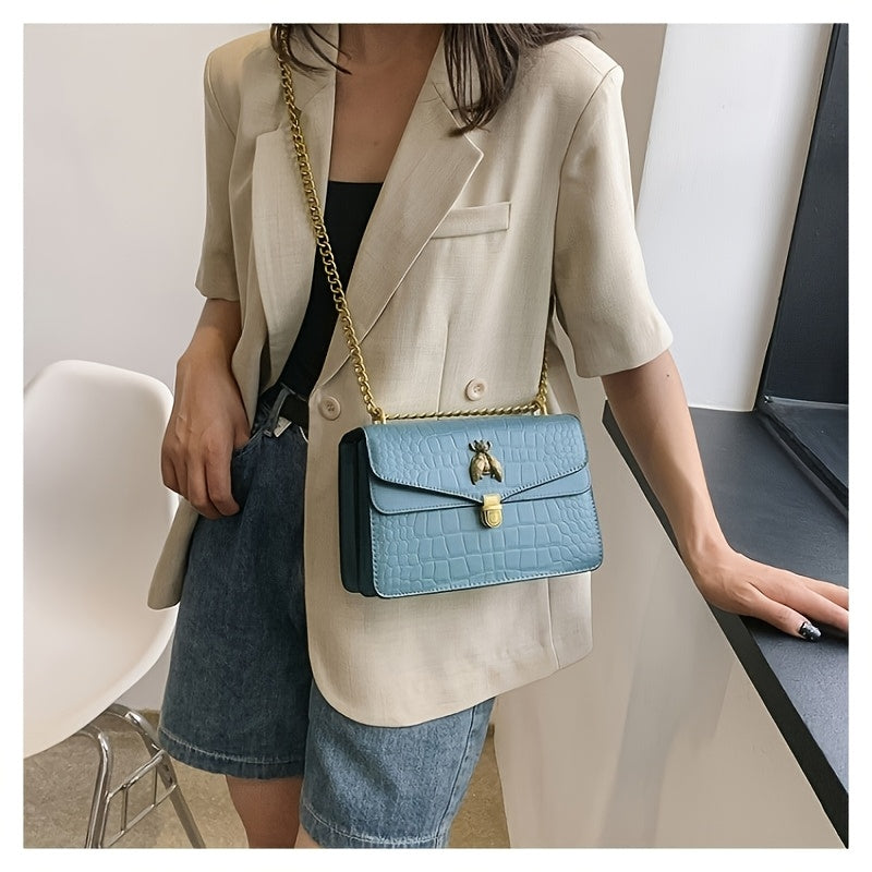 Elegant Women's Shoulder Bag with Stone-patterned Bee Clasp Chain Design, Wide Strap for Comfort, Available in 4 Colors. Suitable for Various Occasions, Featuring Three Compartments for Organized Storage