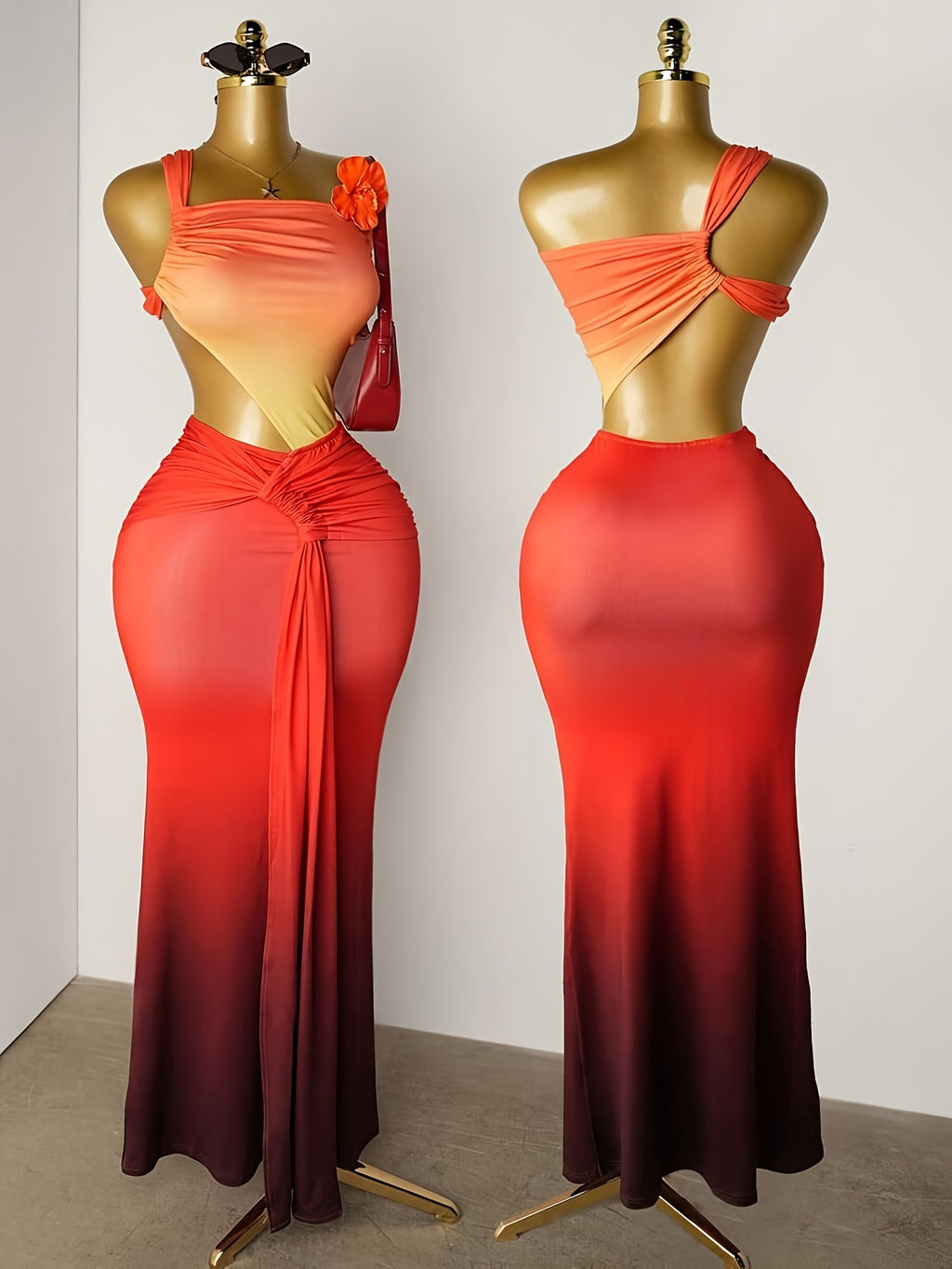 Women's Orange Gradient Backless Pleated Slim Maxi Dress