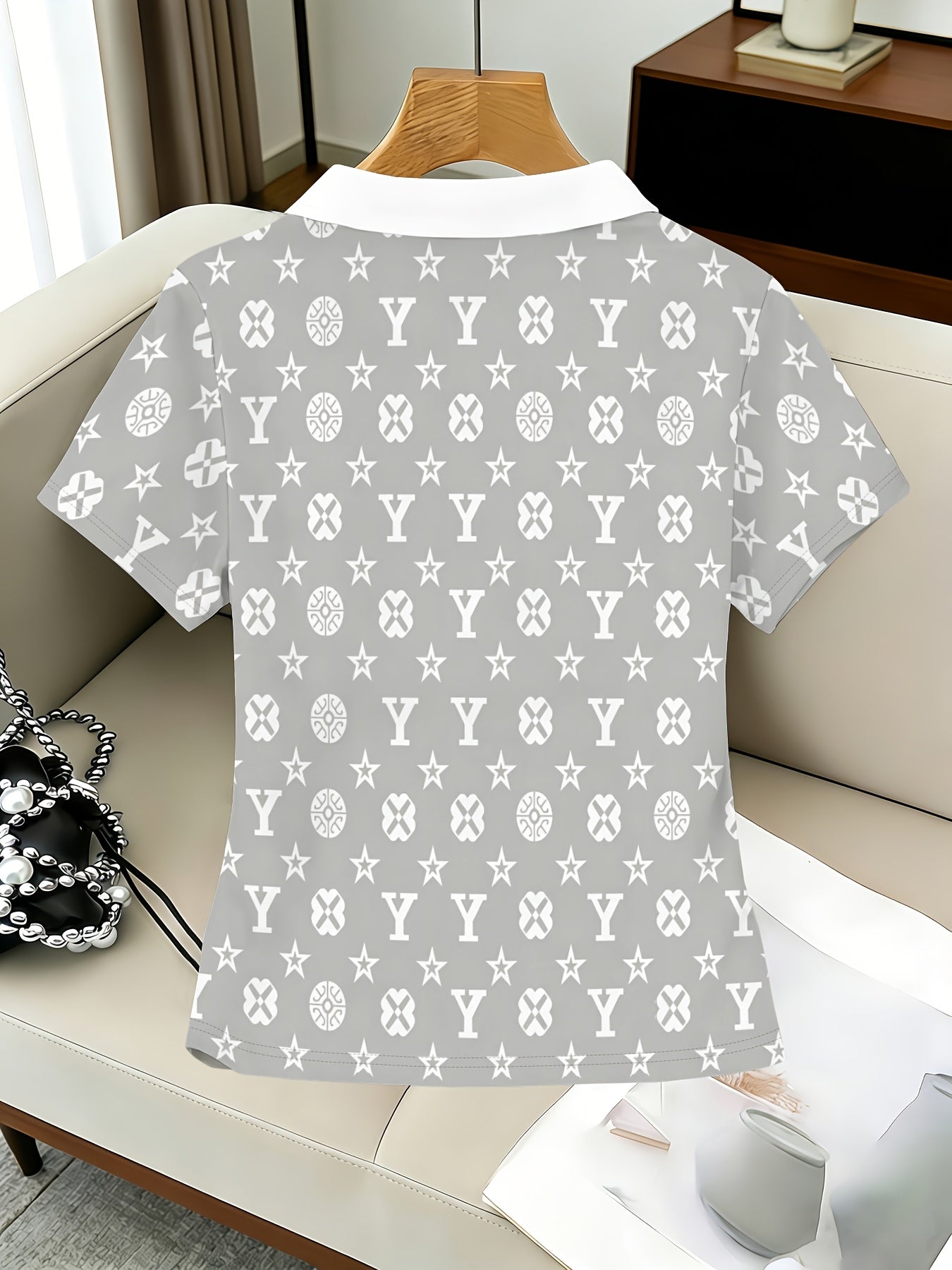 Women's Letter Star Print Lapel Short Sleeve T-Shirt