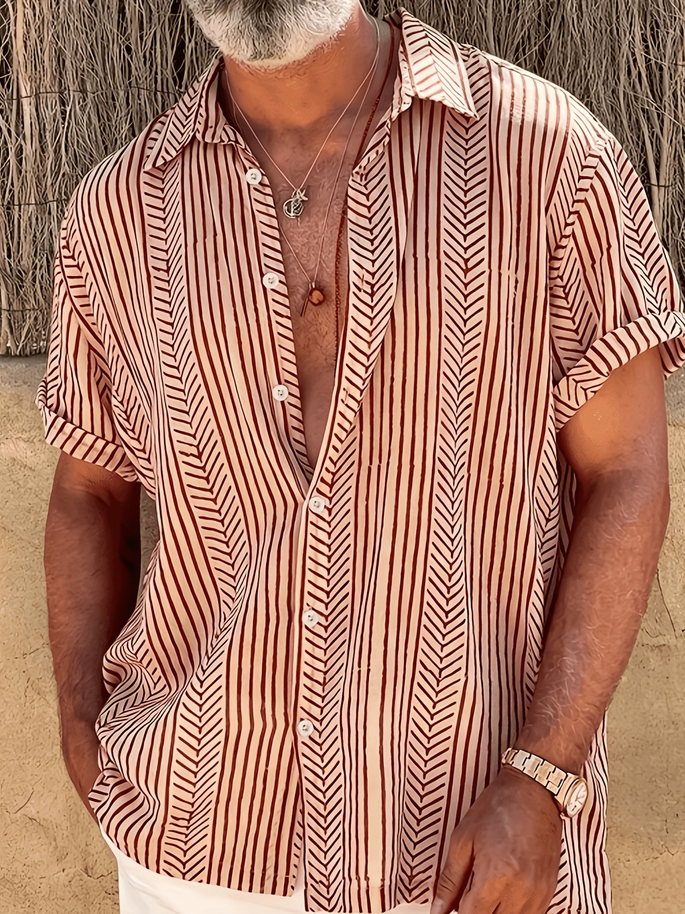 Men's Striped Print Hawaiian Button-Up Shirt