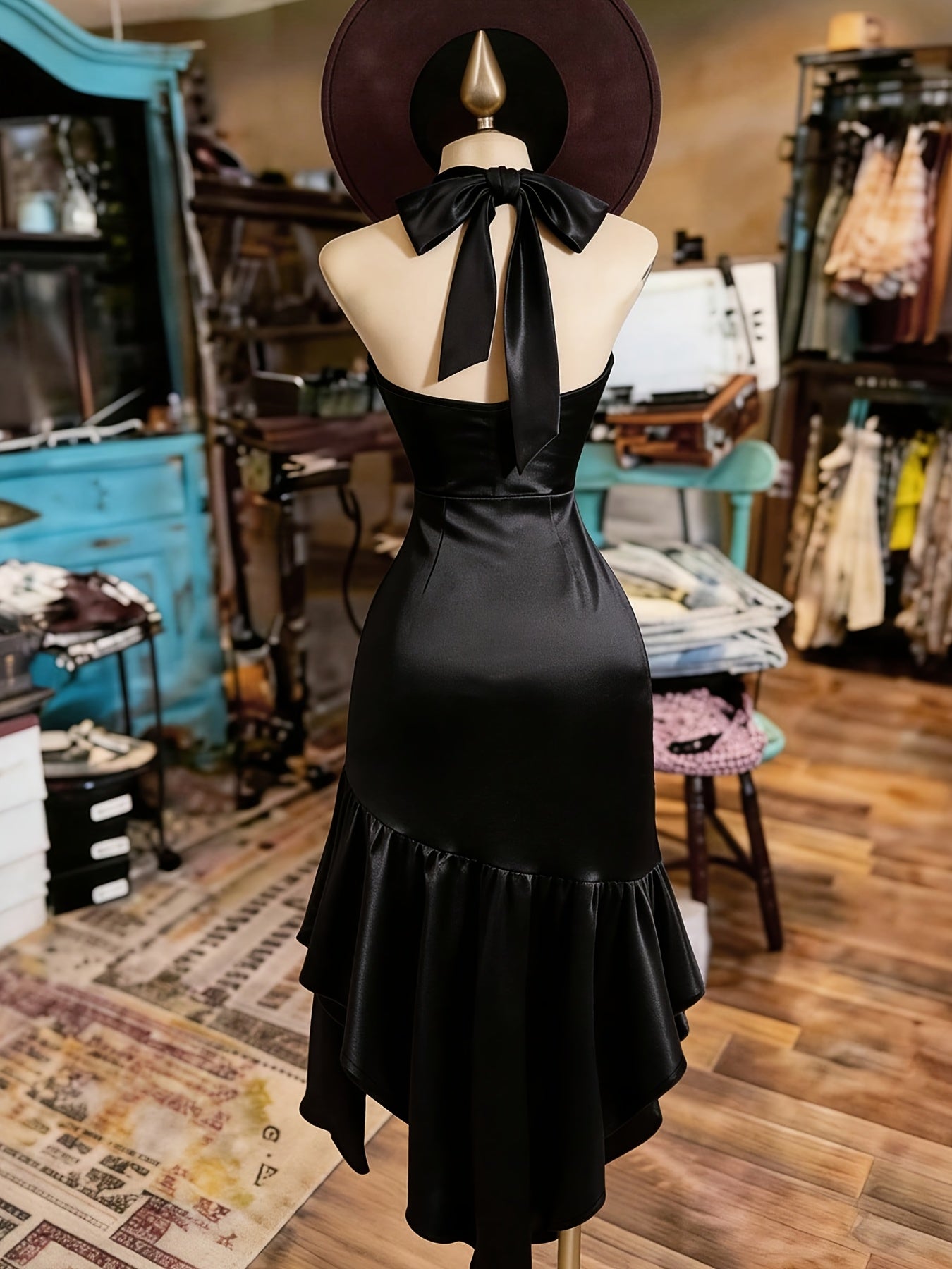 Black Satin Halter Ruched Dress