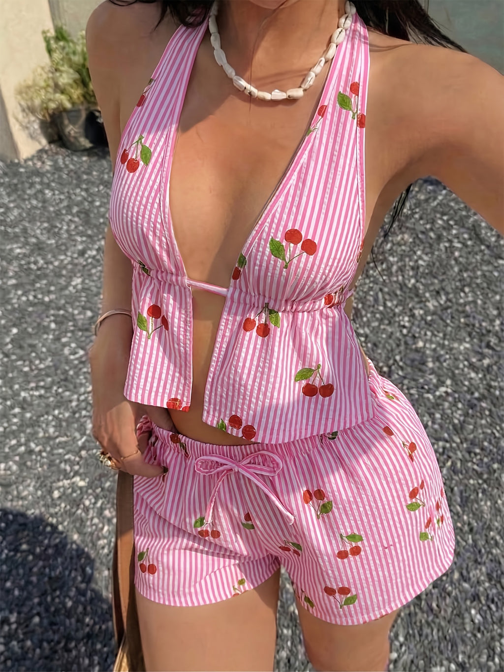 Women's Pink Striped Cherry Print Bow Pajama Set