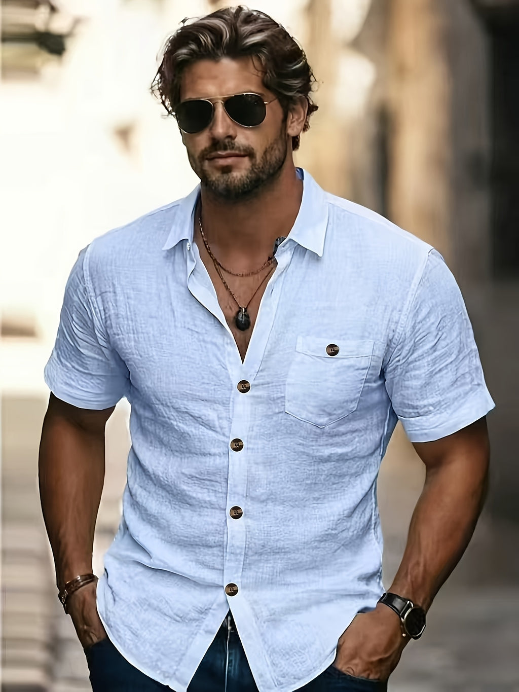 Men's, Pure Cotton, Casual, Fashionable, Beach Shirt, Sand Shirt, Button-Up Shirt