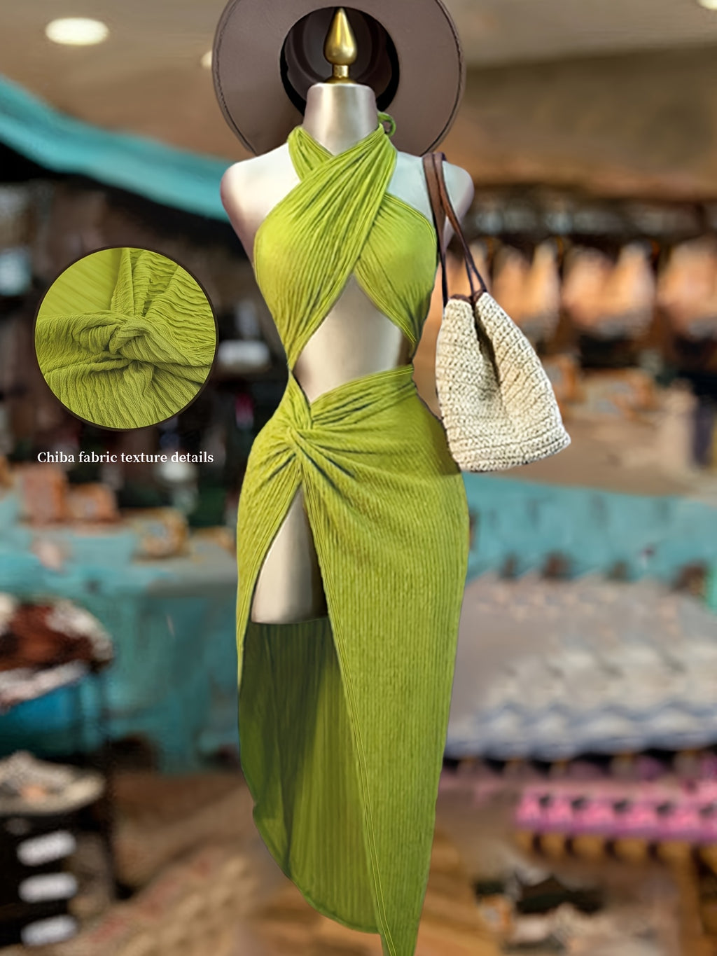 Halter Neck Open Waist Twist High Slit Long Dress Spicy Style Slim Fit And Vacation Dress, Sexy Cross Halter Neck Hollow Long Dress High Waist Twist Slit Hip Wrap Skirt Ribbed Halter Neck Dress Open Waist High Slit Design Long Dress Whitening And Le