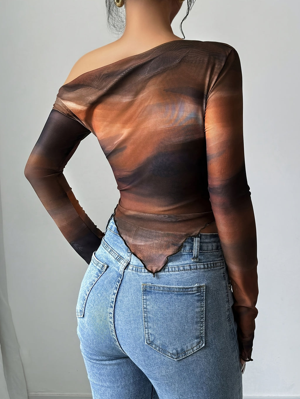 Women's YY1202017 Off-Shoulder Tie-Dye Long Sleeve T-Shirt - Asymmetrical Hem, Semi-Sheer Mesh Fabric, Medium Stretch, All-Season Casual Top, Stylish Blouse, Flowing Sleeves, Soft Texture, Fashion Blouse, Trendy Shoppers