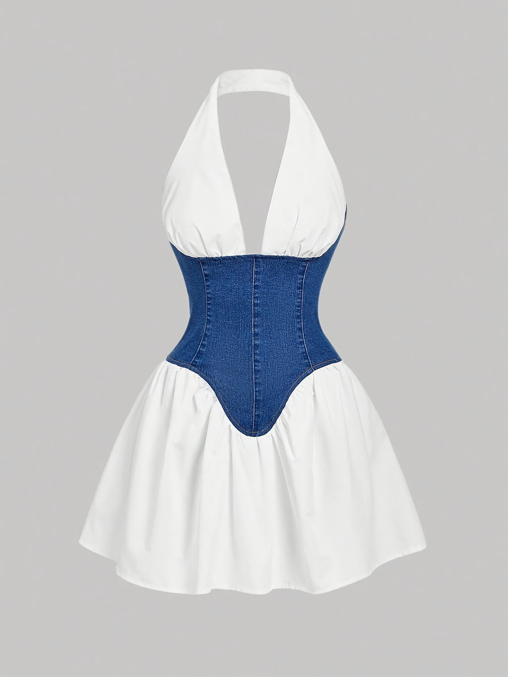 Color Block Halter Denim Dress