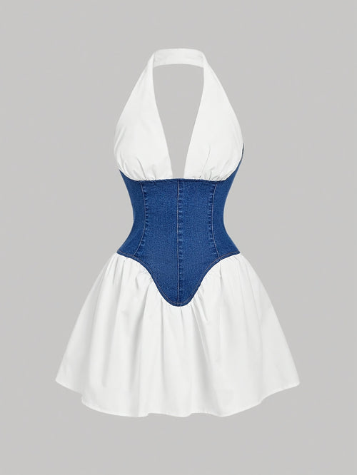 Color Block Halter Denim Dress