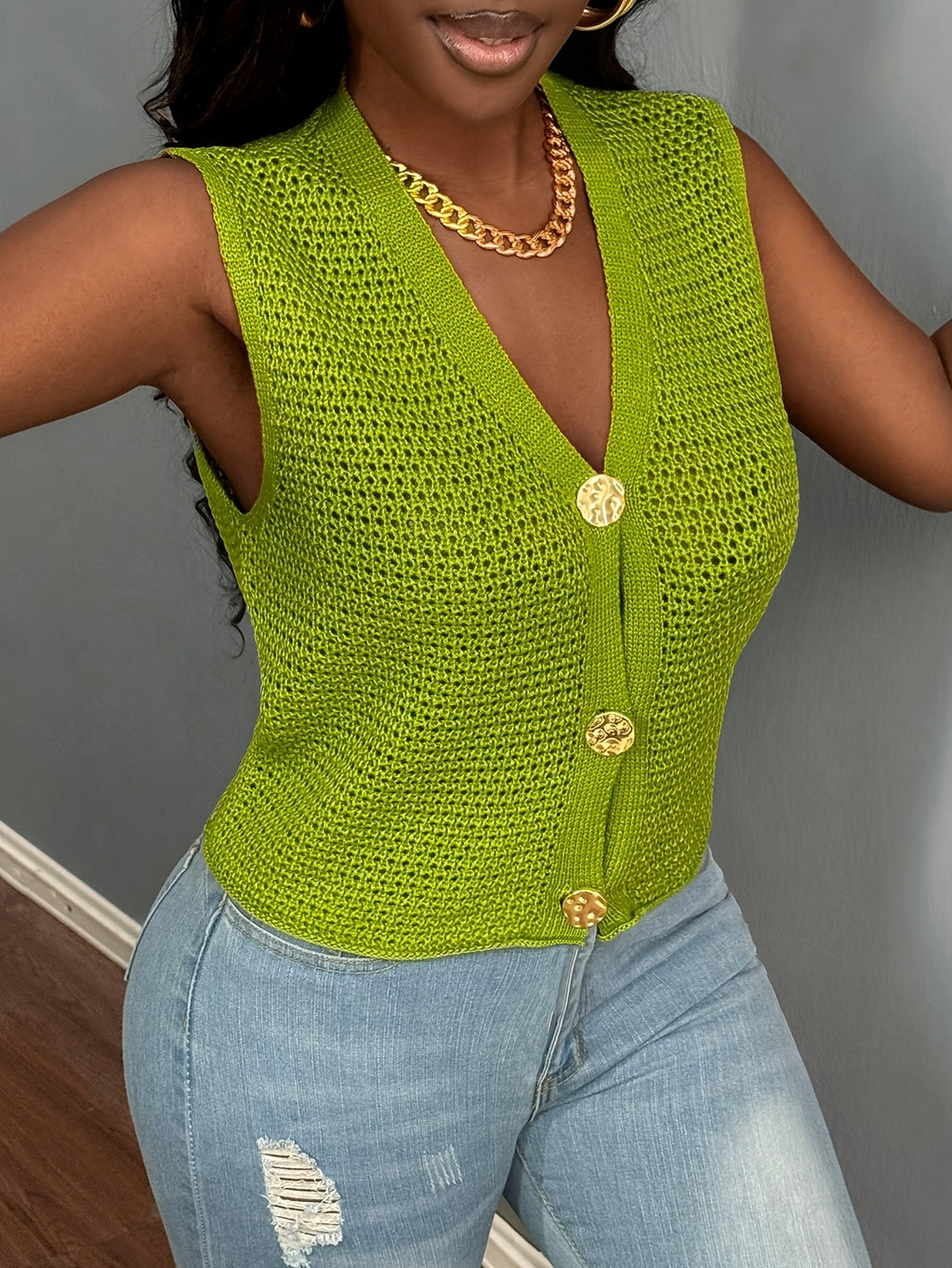 Green Metallic Large Button V-Neck Sweater Vest, Outdoor Casual Hollow Open Cardigan, Sexy Minimalist Tank Top, Suitable for Autumn Winter Spring