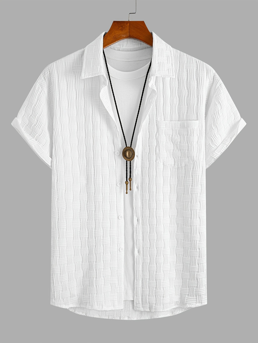 Short Sleeve Collared Casual Summer Shirt – Men'S Textured Jacquard Button-Up with Breathable Material