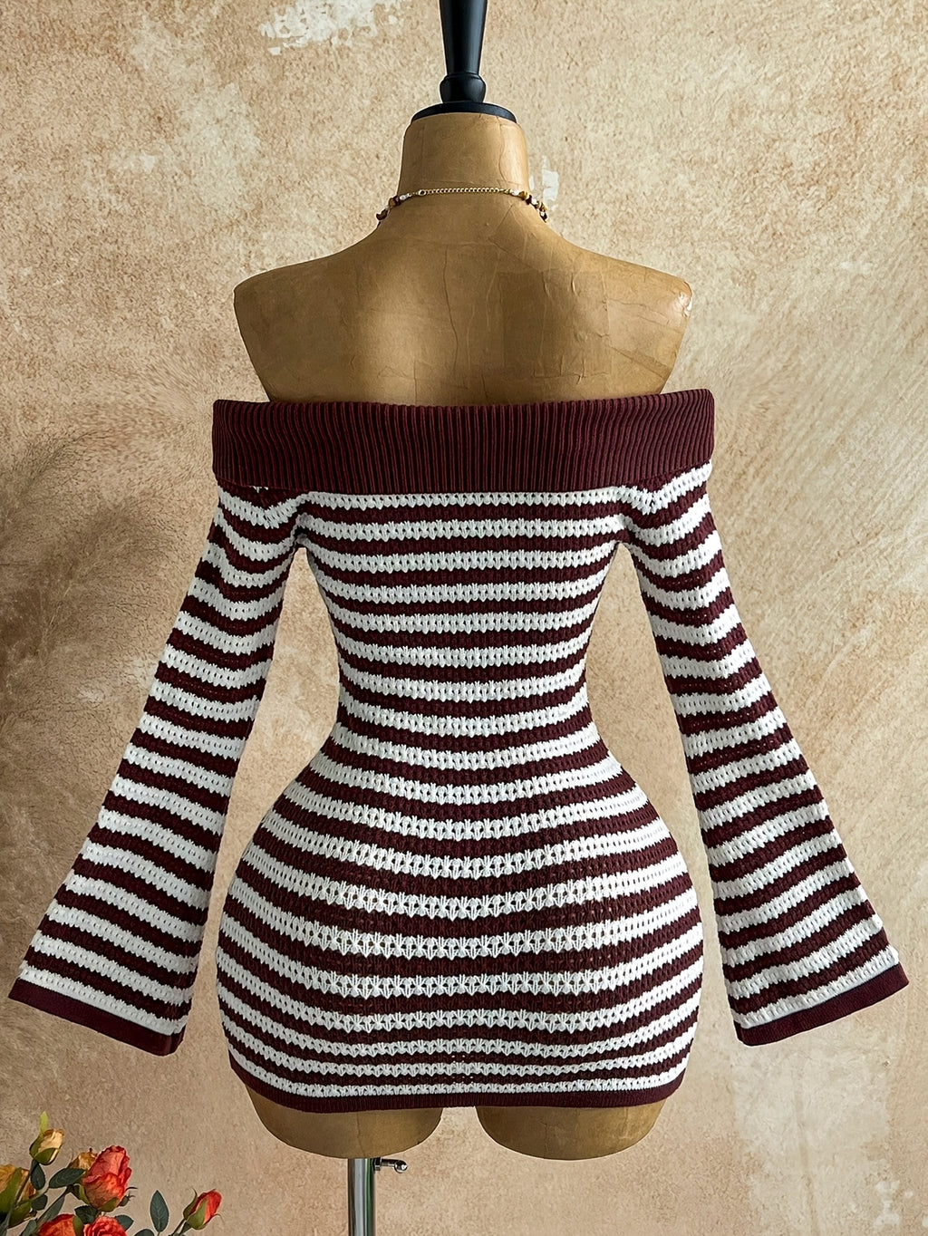 Women's Off-Shoulder Striped Bell Sleeve Bohemian Dress