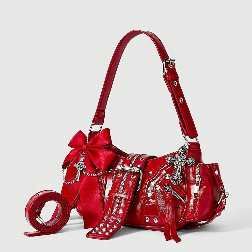 Rivet Women'S Tote Bag Y2K Steampunk Handbag Bow Red Shoulder Bag