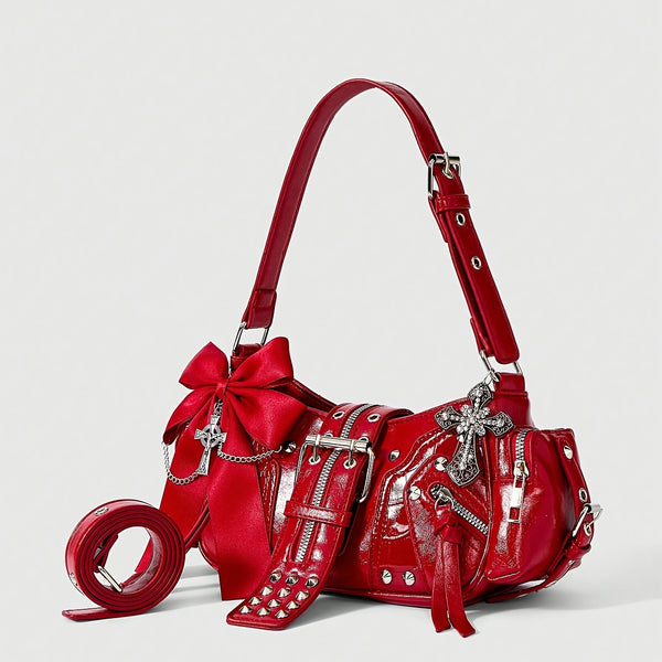 Rivet Women'S Tote Bag Y2K Steampunk Handbag Bow Red Shoulder Bag