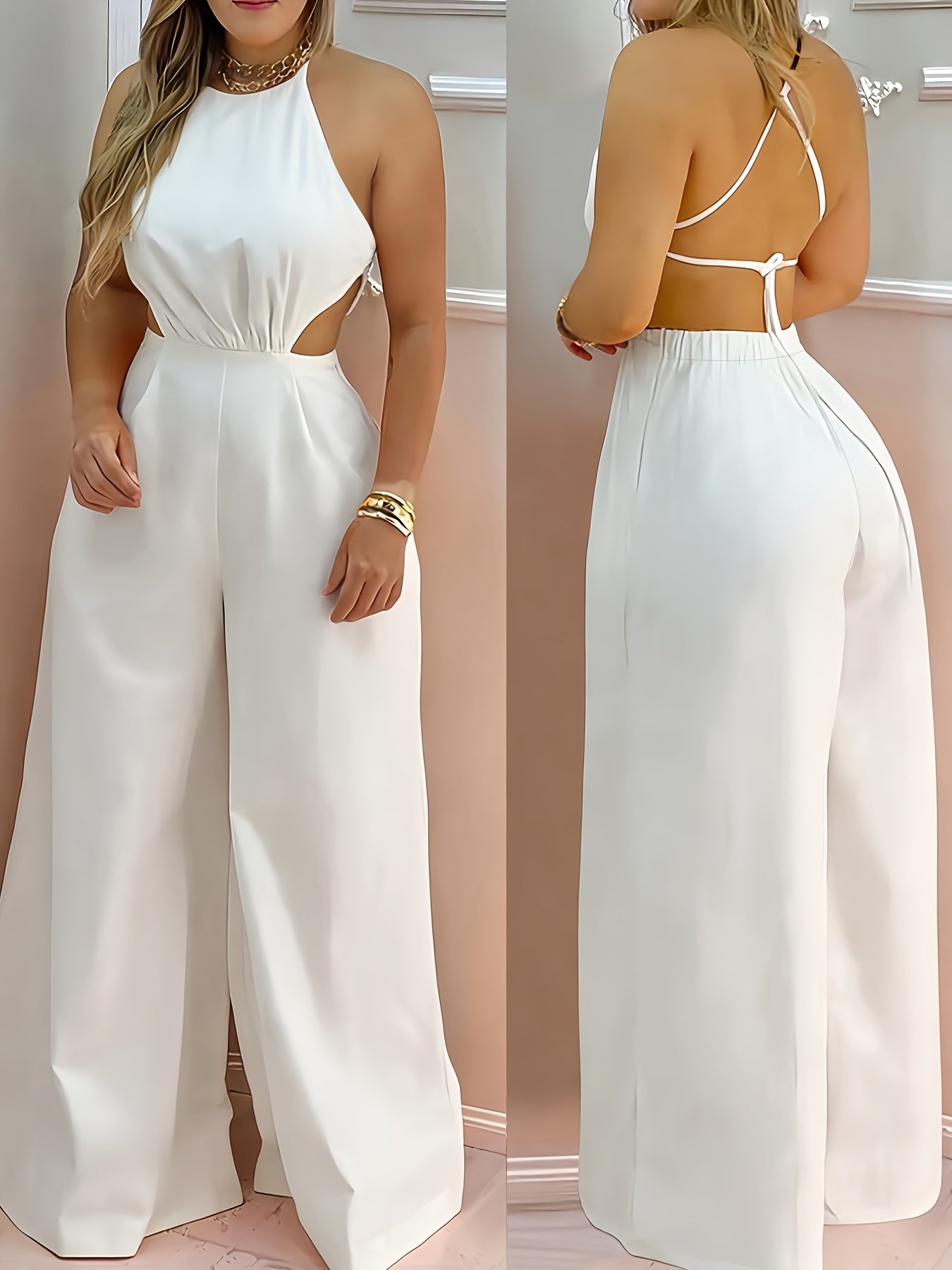 Women’s jumpsuit, casual style, tie-up, backless, straight-leg, wide-leg pants, solid color.