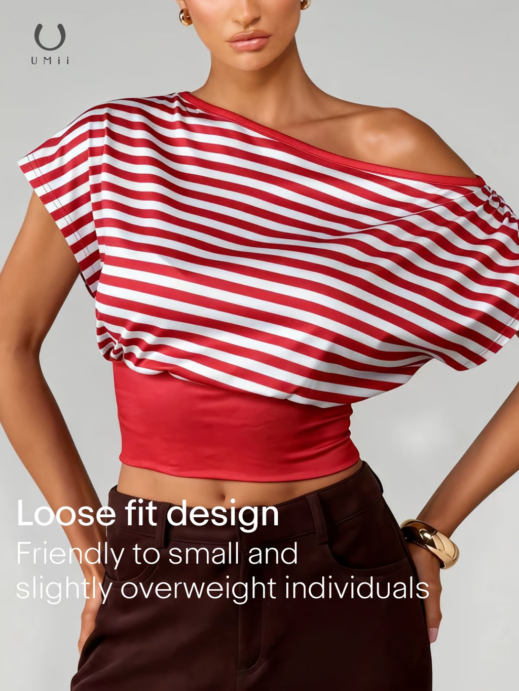 Women's Red & White Striped One-Shoulder Batwing Top