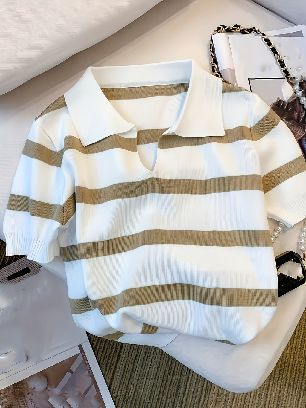 Women's Striped Polo Cropped Pullover Sweater