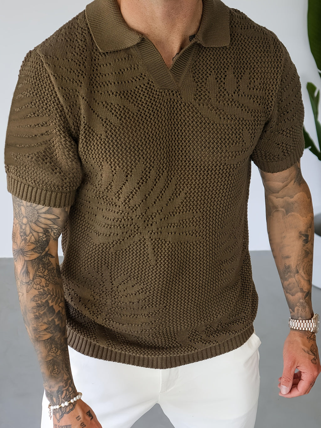 Men's Knitted Short-Sleeve Top, Summer Vacation Style Tropical Plant Jacquard Shirt