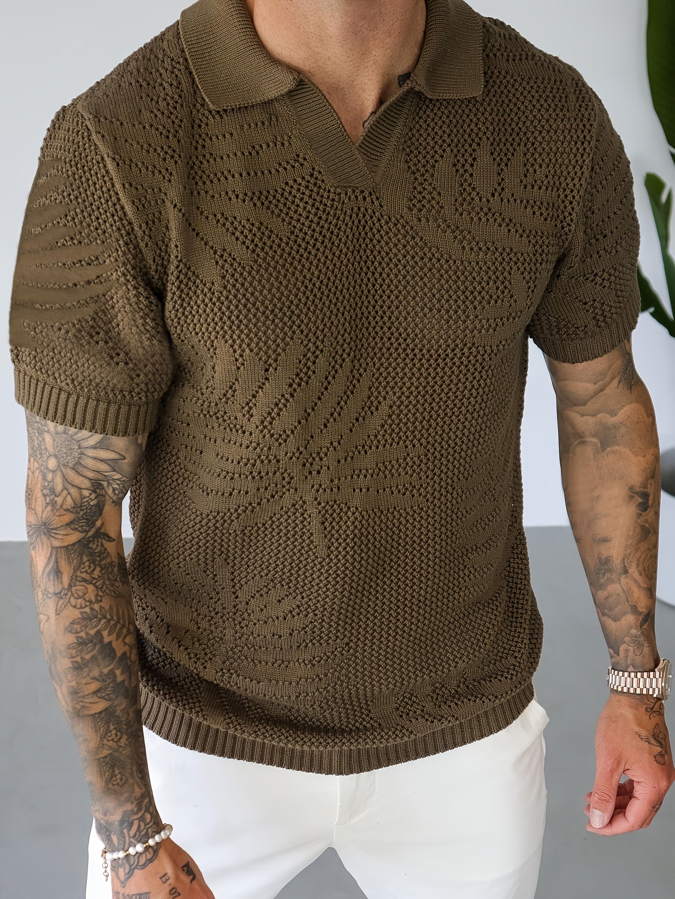 Men's Knitted Short-Sleeve Top, Summer Vacation Style Tropical Plant Jacquard Shirt