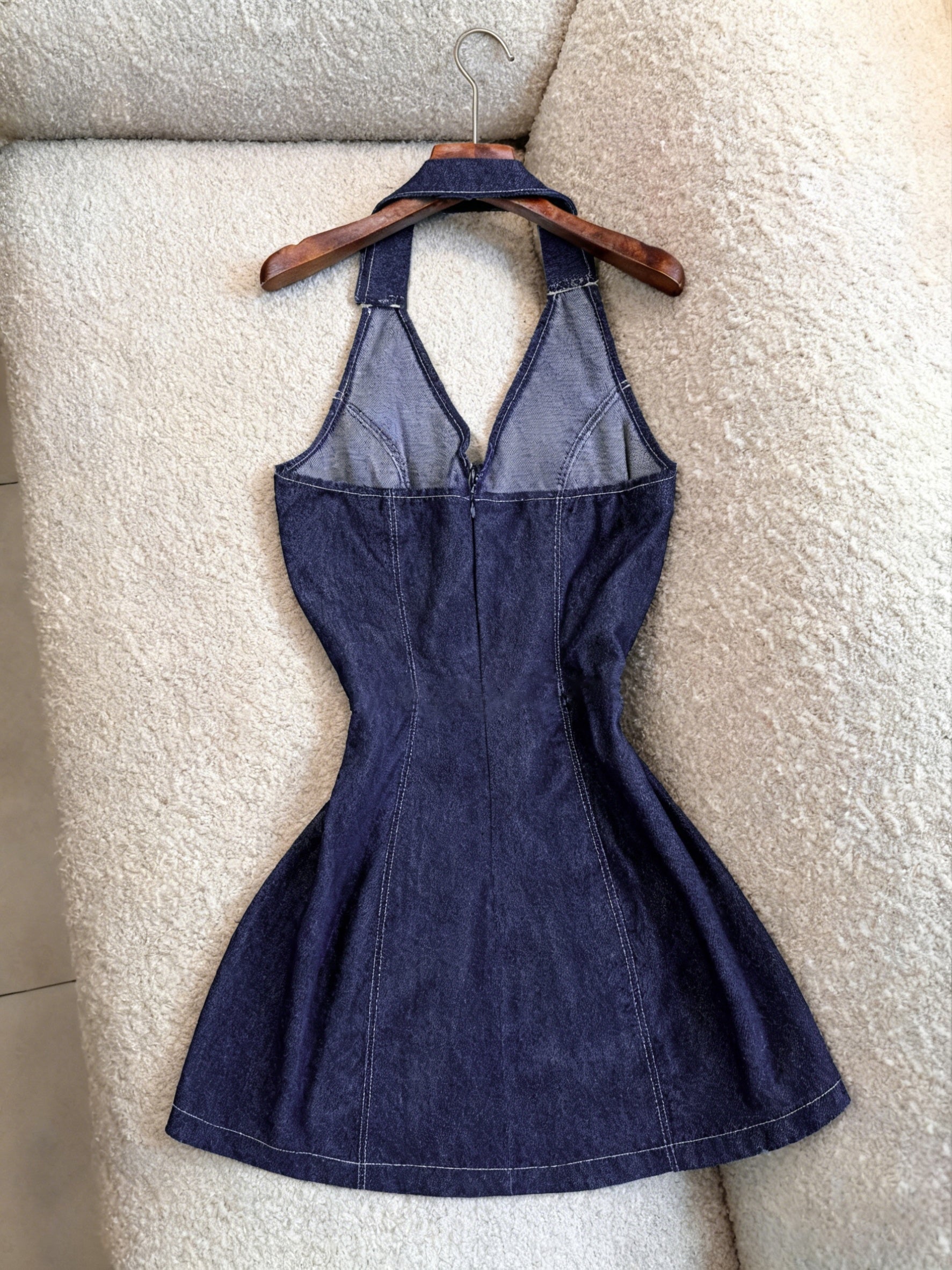 Women's Navy Halter Neck Faux Denim Dress