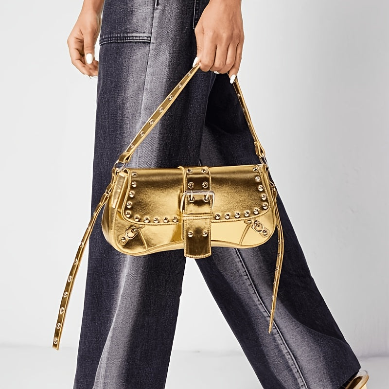 Women'S Shoulder Bag American Y2K Metallic Shoulder Bag for Women, New Rivet Decorated Underarm Bag, Retro Crossbody Bag, Versatile Fashion Shiny Small Square Bag