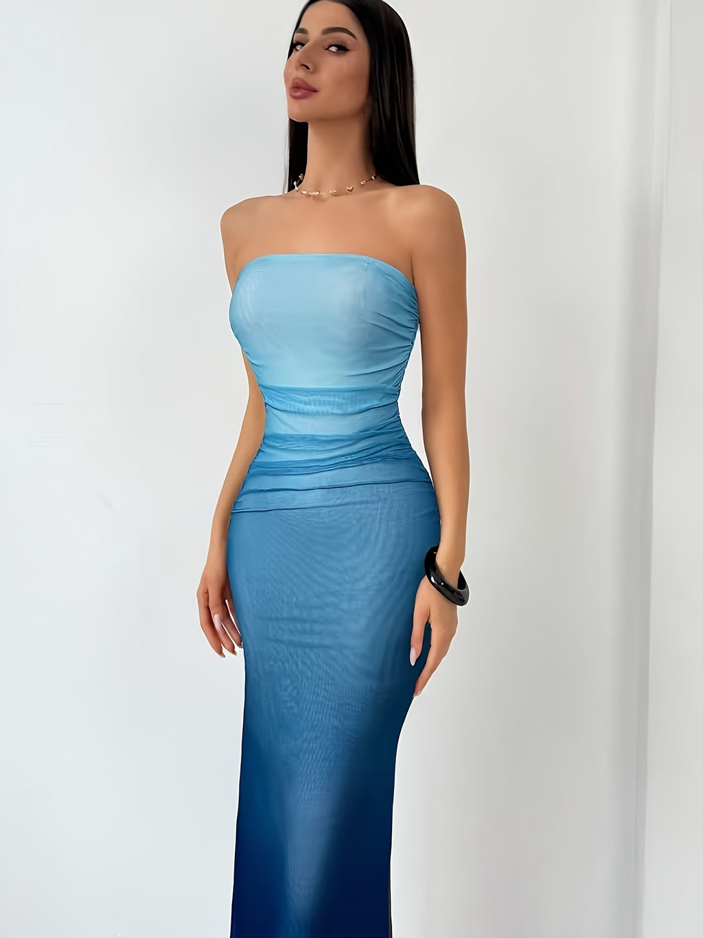 Mesh Gradient Pleated Sexy Bodycon Slit Strapless Tube Top Maxi Dress