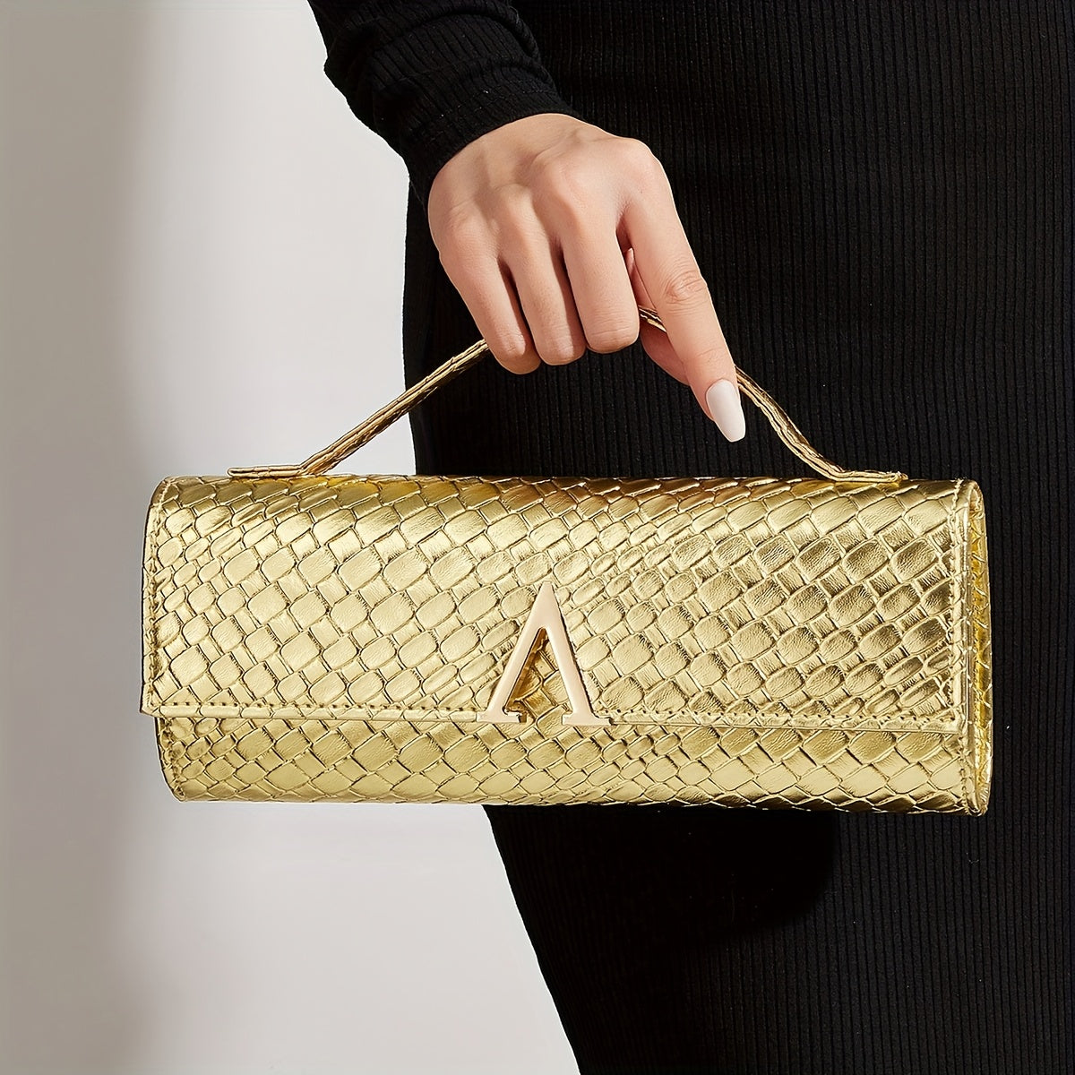Solid Elegant Woven Printed Women'S Evening Bag, with Sparkling Hardware Embellishments, Self-Contained Handle, And Removable Long Chain, Handheld And Crossbody, Multifunctional Evening Bag, Suitable for Various Evening Occasions