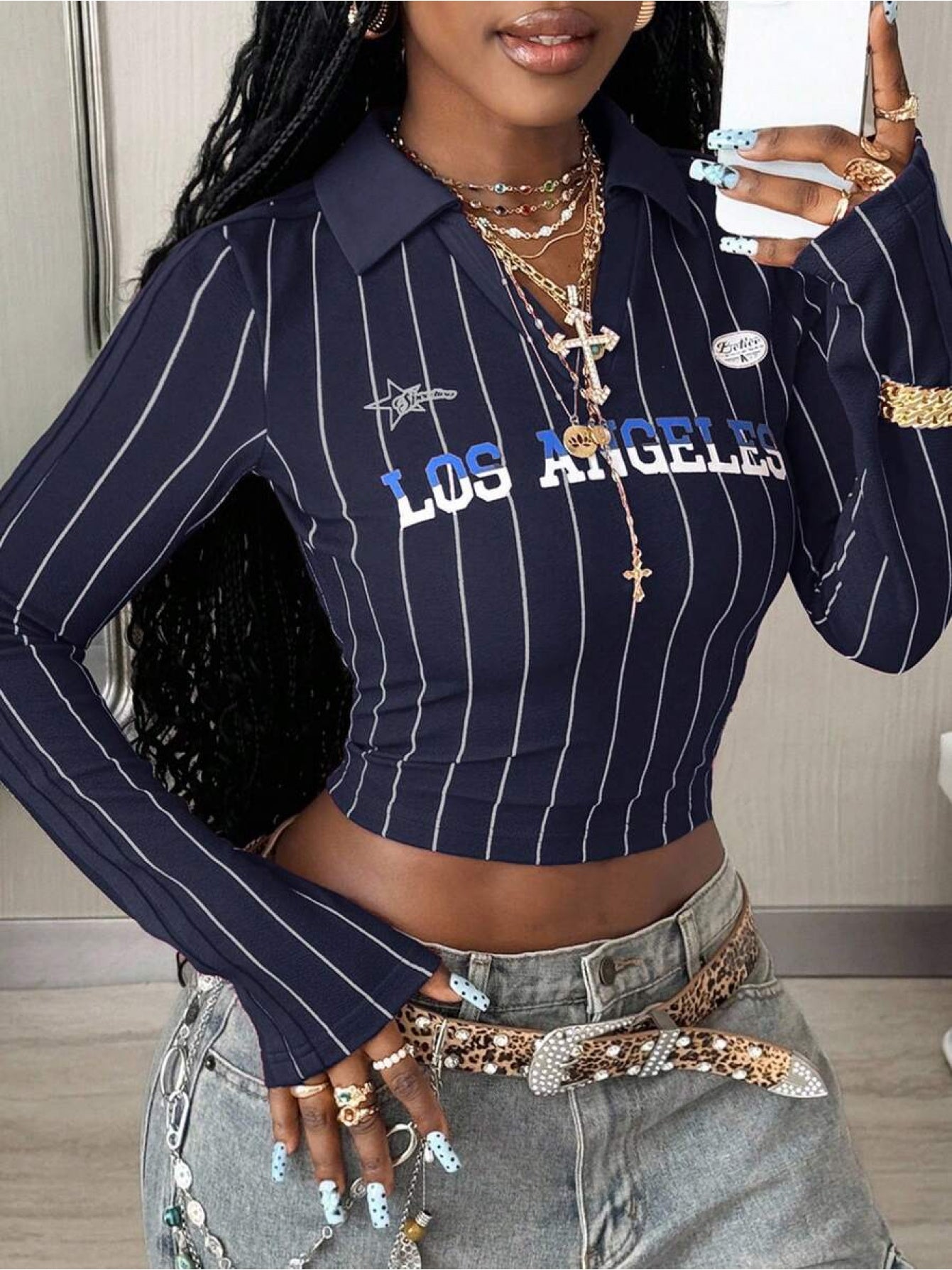 Plus Size Y2K Vintage Striped Lapel Long Sleeve Crop Top