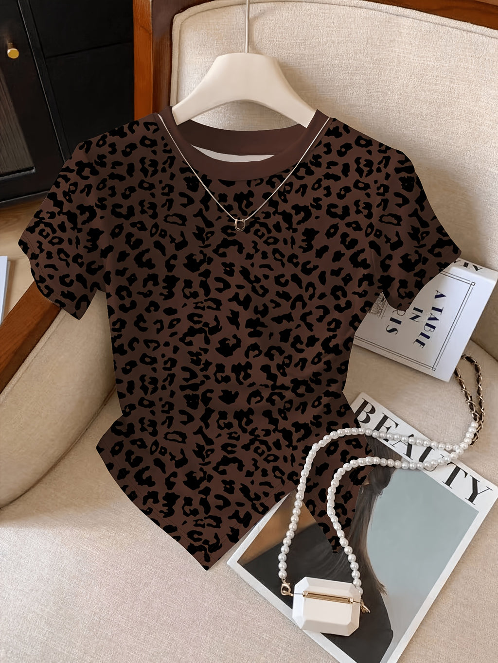 New Women'S Spring And Summer Pattern Printed Round Neck Slim-Fit Versatile Tight T-Shirt