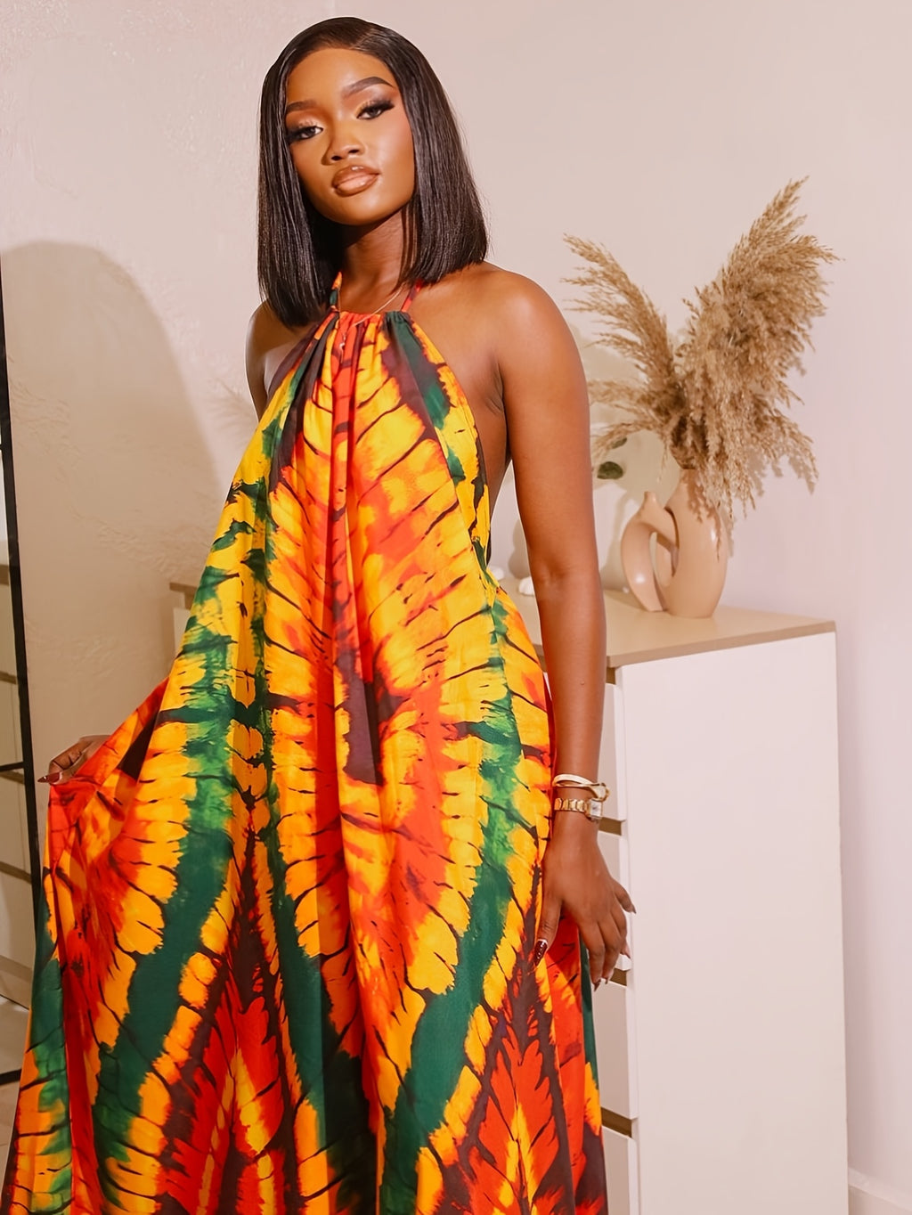 Plus Size Colourful Plant Print Loose Tank Dress