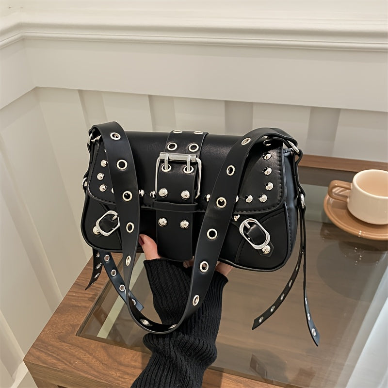 This Year's Popular Bag for Women New Motorcycle Punk Style Versatile One Shoulder Underarm Bag Fashionable Commuting Small Square Bag