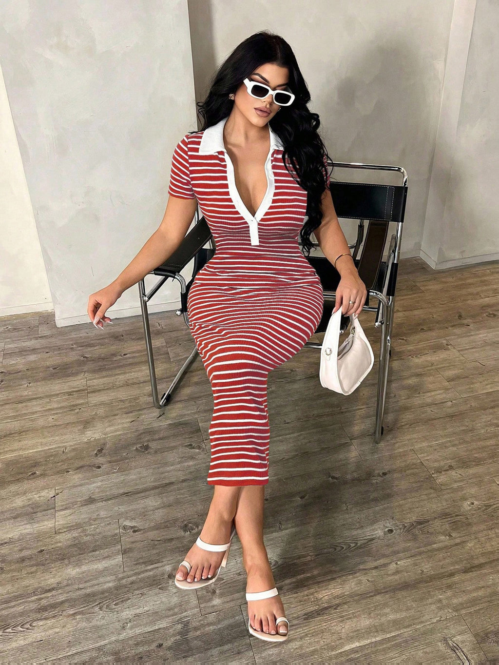 Women's Striped Short Sleeve French Midi Dress