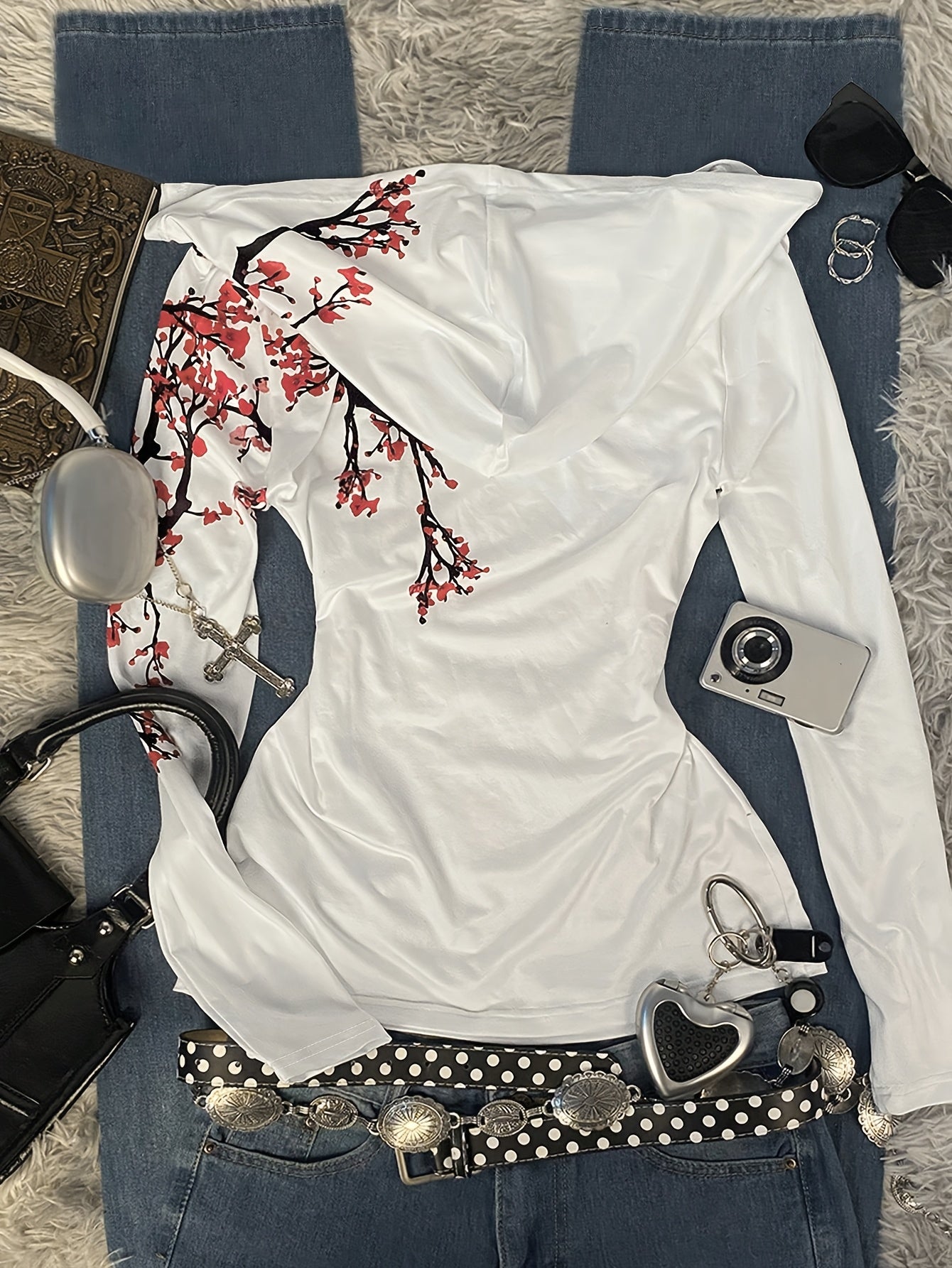 Women's Y2K Plum Blossom Print Hooded V-Neck Sweatshirt