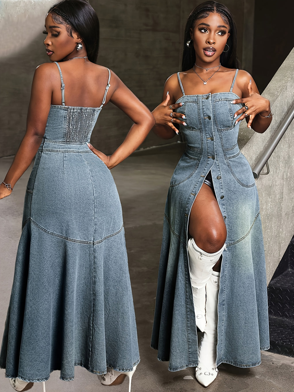 Women's Vintage Washed Denim High-Waist Slit Maxi Dress