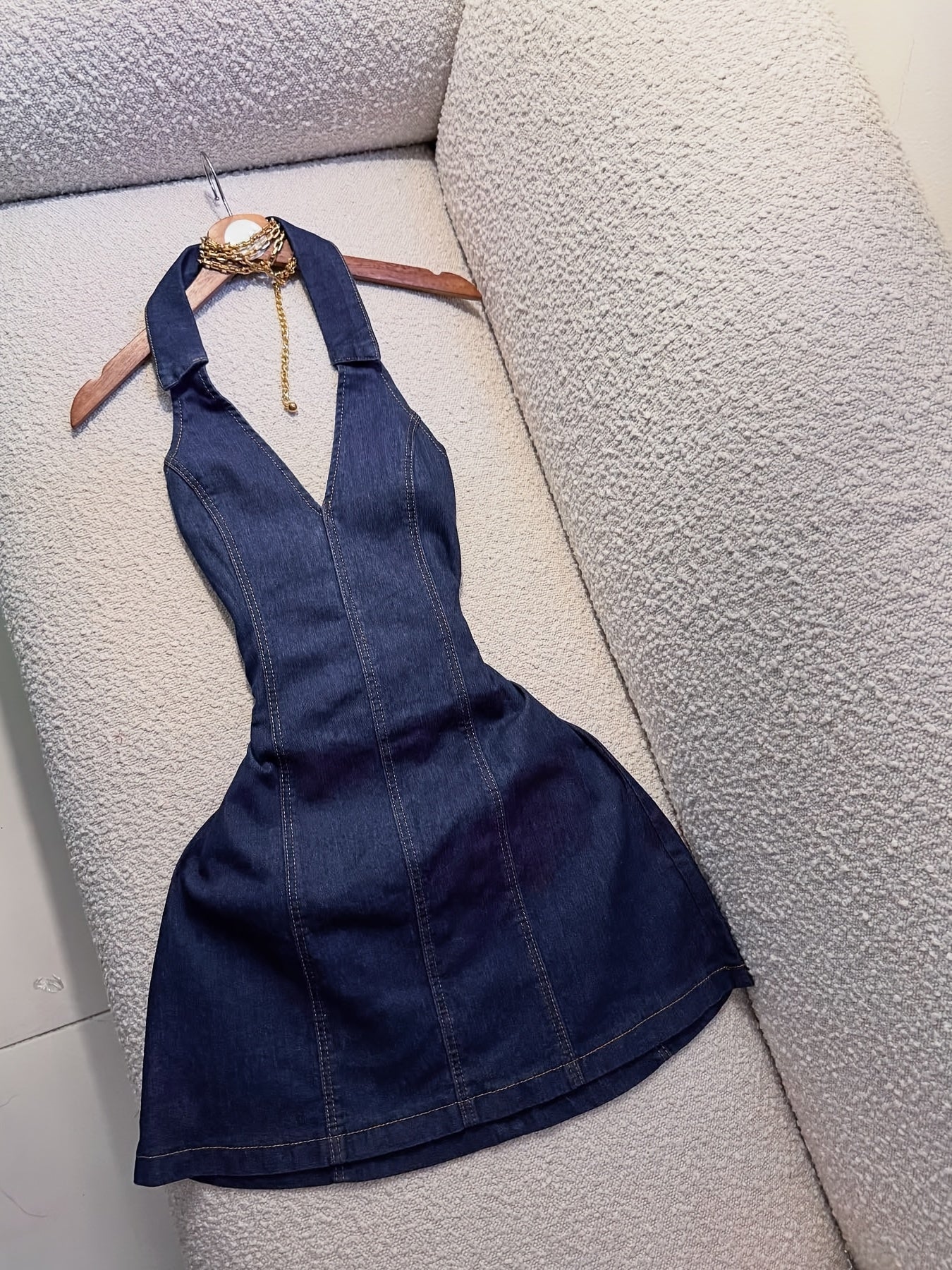 Women's Navy Halter Neck Faux Denim Dress