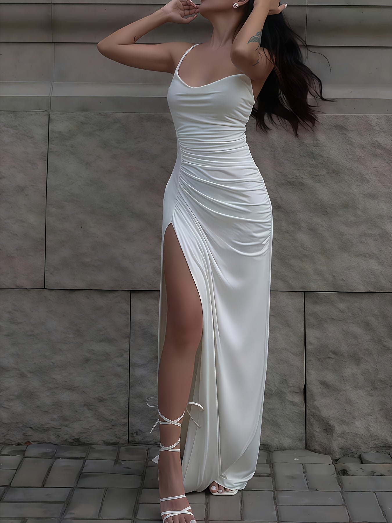 Women's Pleated Hem Halter High Waist Suspender Maxi Dress